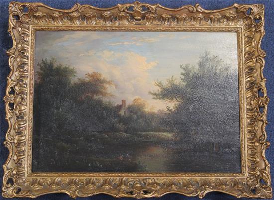 19th Century English School River landscapes with boatmen and anglers, 10 x 14in.